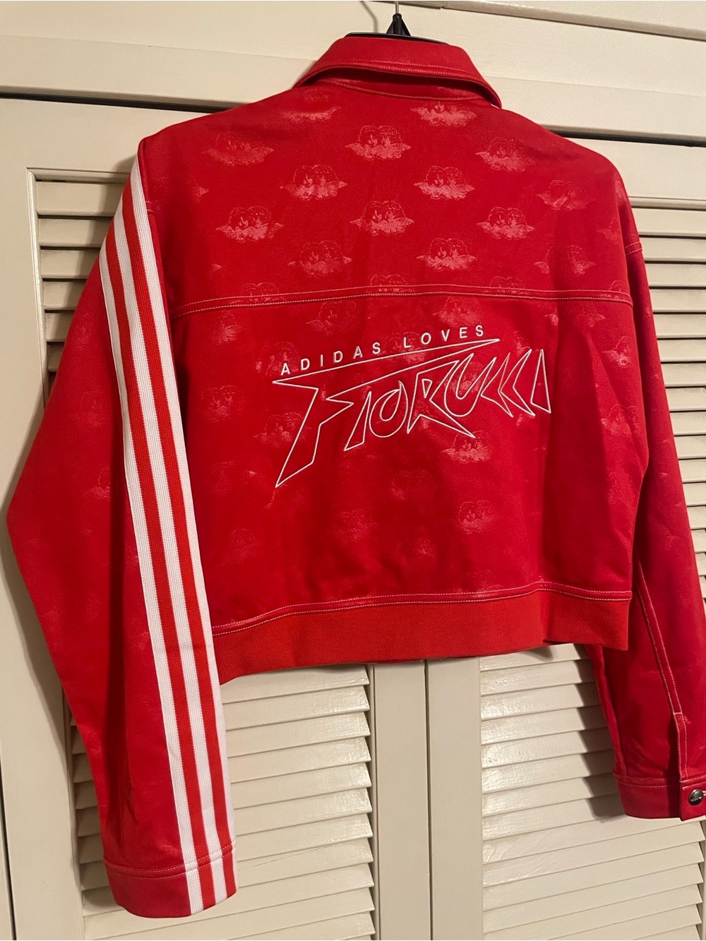 Adidas X Fiorucci Collab Red Cropped Track Jacket with 3 Stripe Sleeves